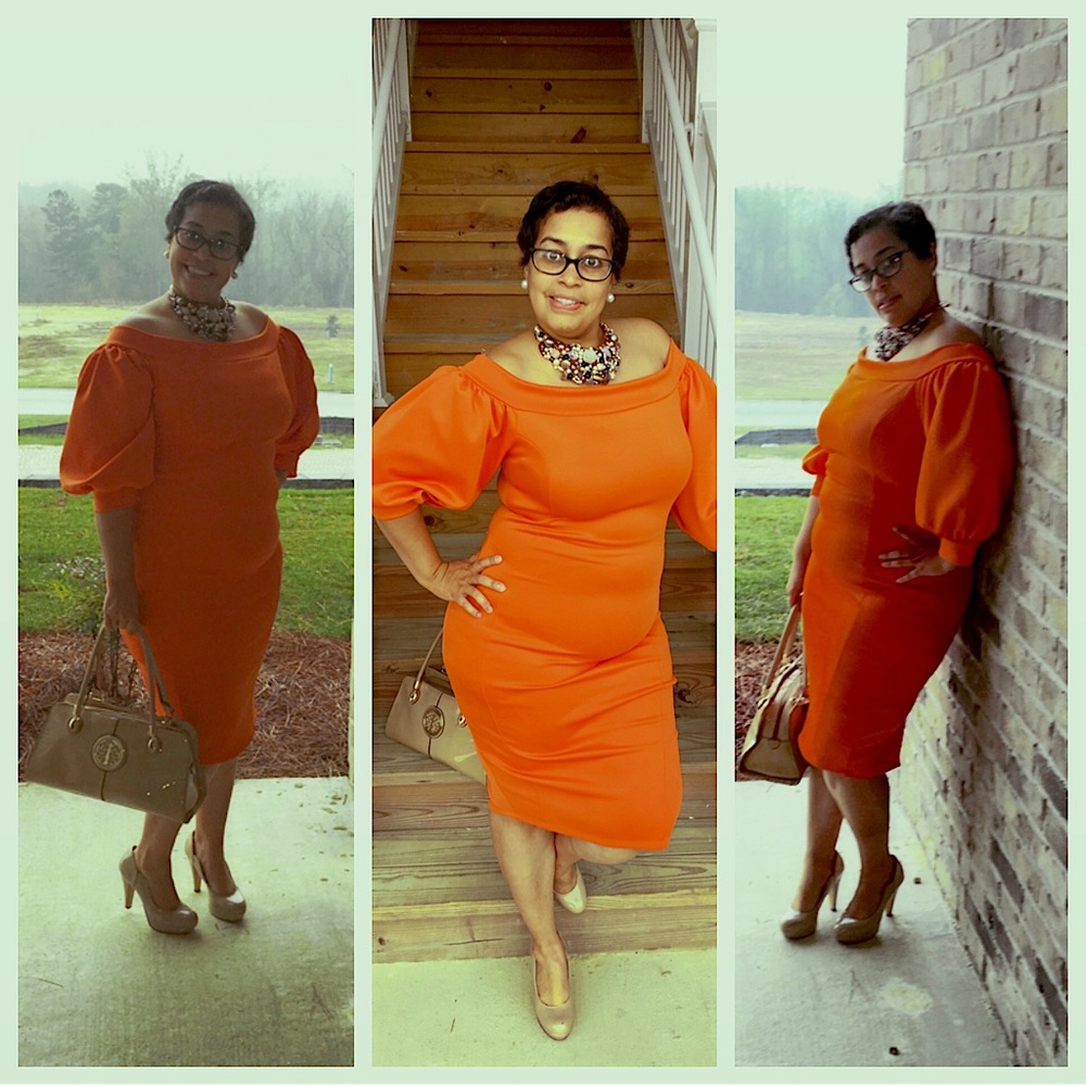 Orange off the shoulder midi dress